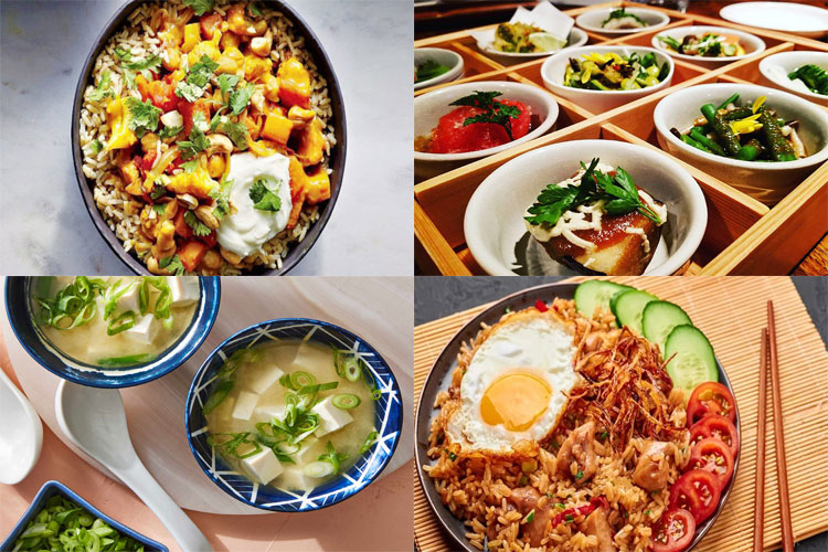 غذاهای رژیم غذایی بودایی: شوجین ریوری، سوپ میسو، کاری سبزیجات، ناسی گورنگ