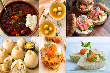 gefilte fish،matzo ball soup،borscht،latkes،knishes،lox