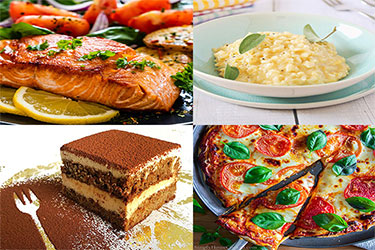 margherita pizza,risotto,tiramisu,grilled fish